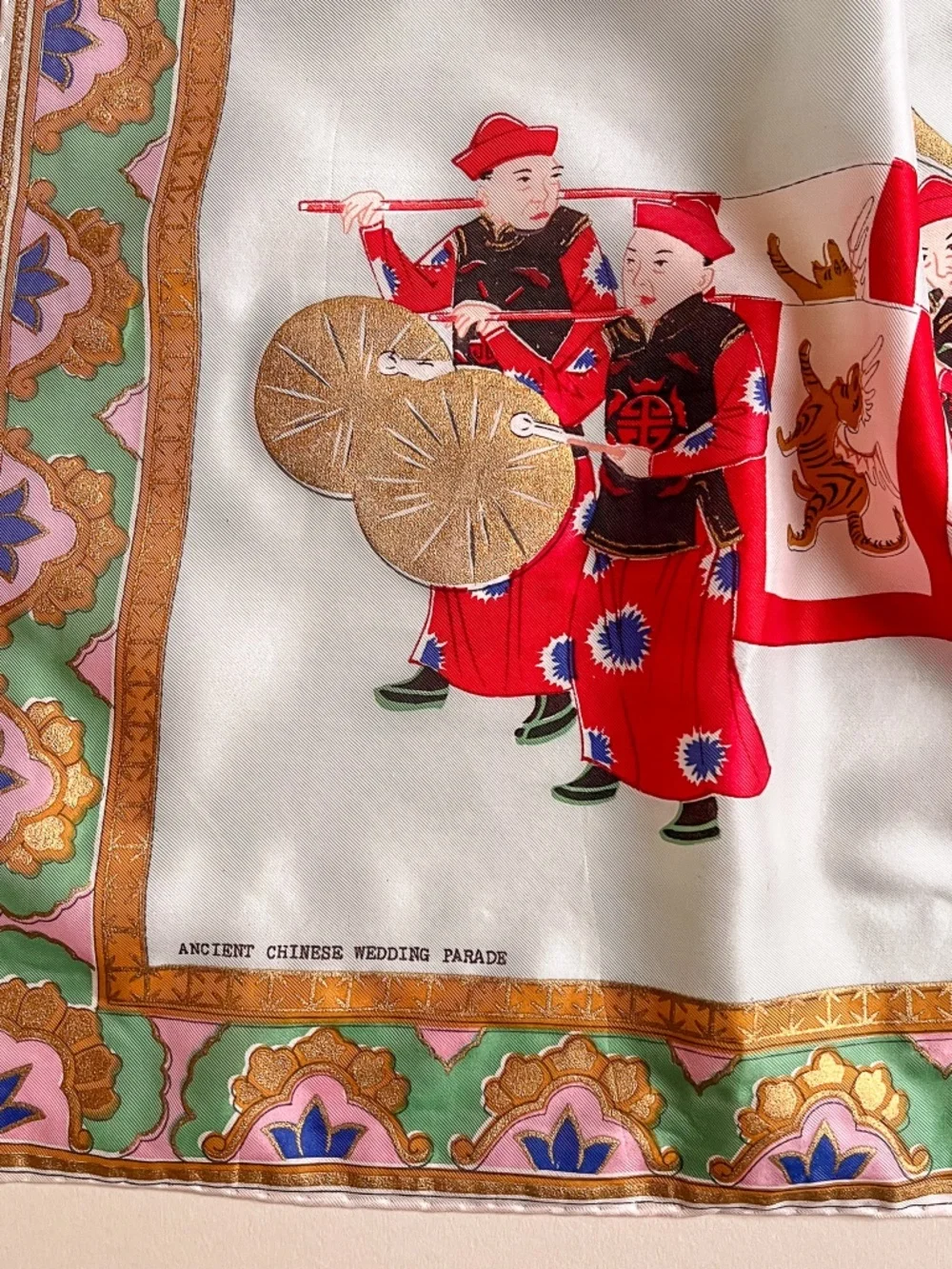 Vintage 1950s Ancient Chinese Wedding Parade Silk Scarf
